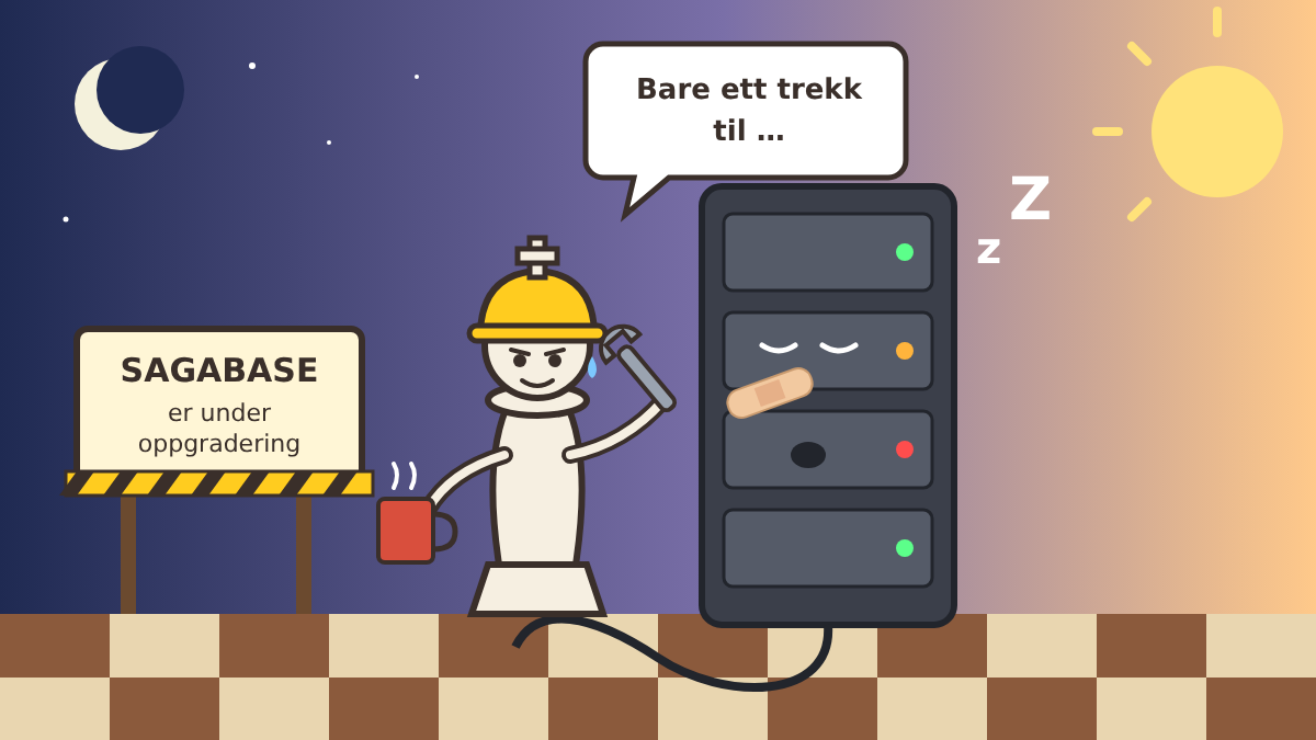 En sjakkonge med hjelm og skiftenøkkel reparerer en trøtt server ved et skilt der det står «Sagabase er under oppgradering».
